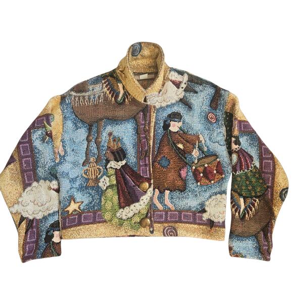Vintage Jackets & Blazers - Rare Vintage Nativity Tapestry Jacket Cropped Painted Pony Art To Wear Small